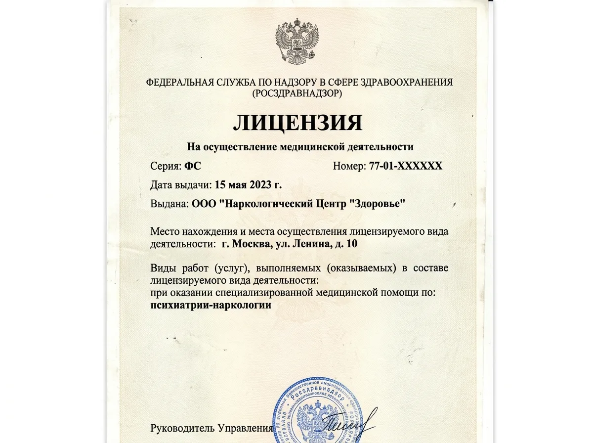 Скан медицинской лицензии Росздравнадзора на оказание наркологической помощи, официальный бланк с печатью